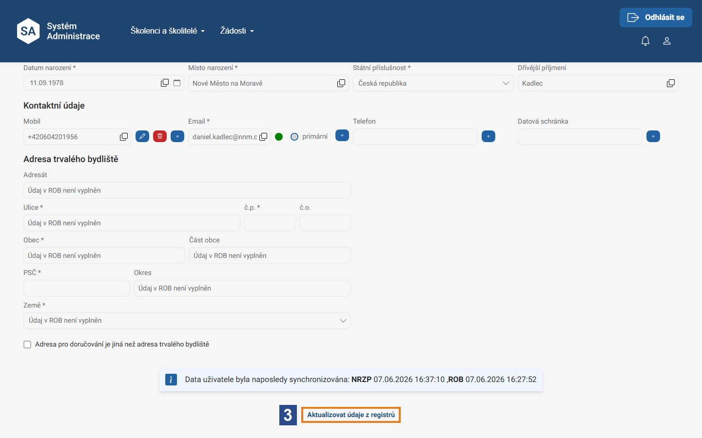 Profil uživatele – Aktualizovat údaje z registrů