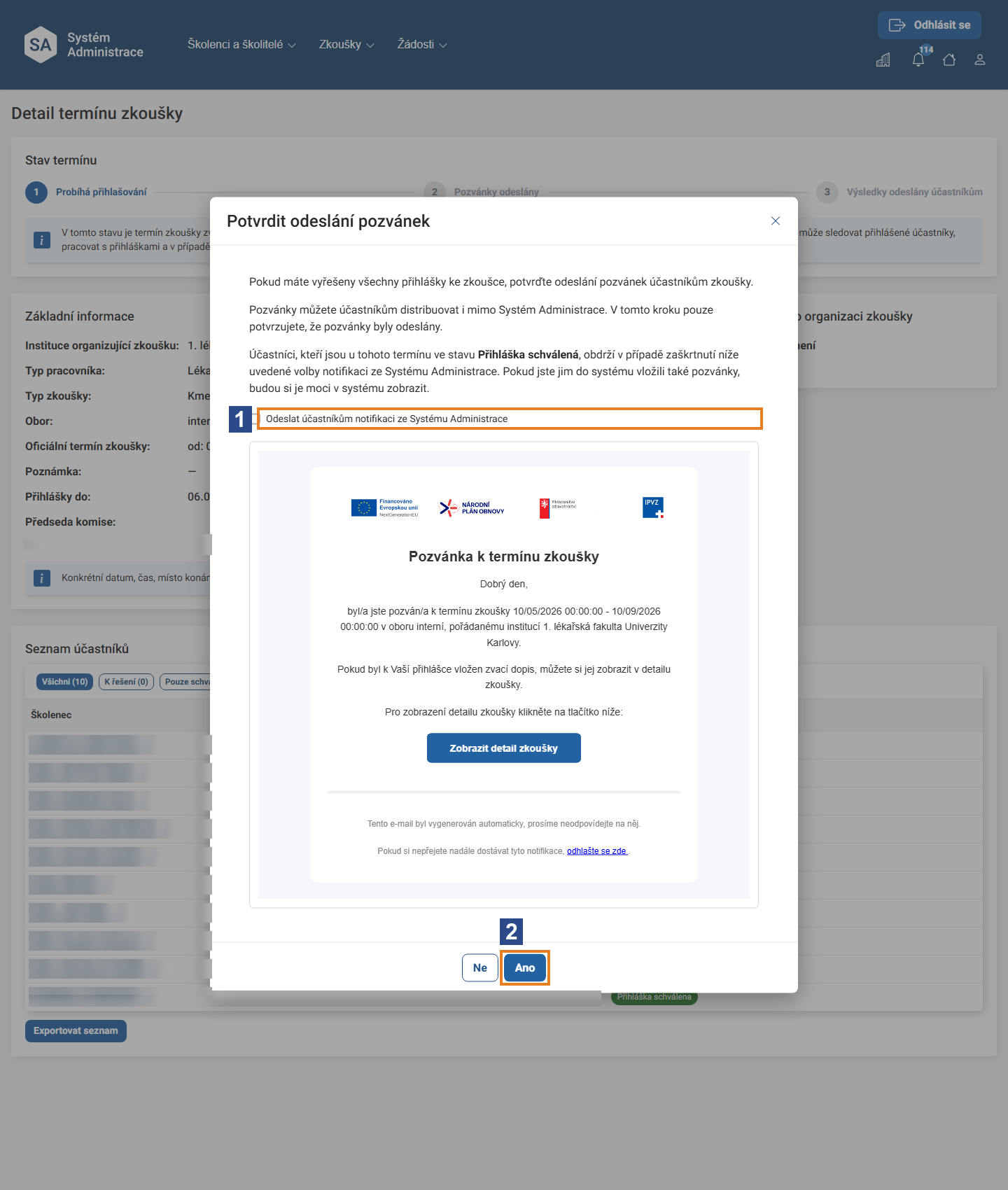 Okno Potvrdit odeslání pozvánek s náhledem notifikace