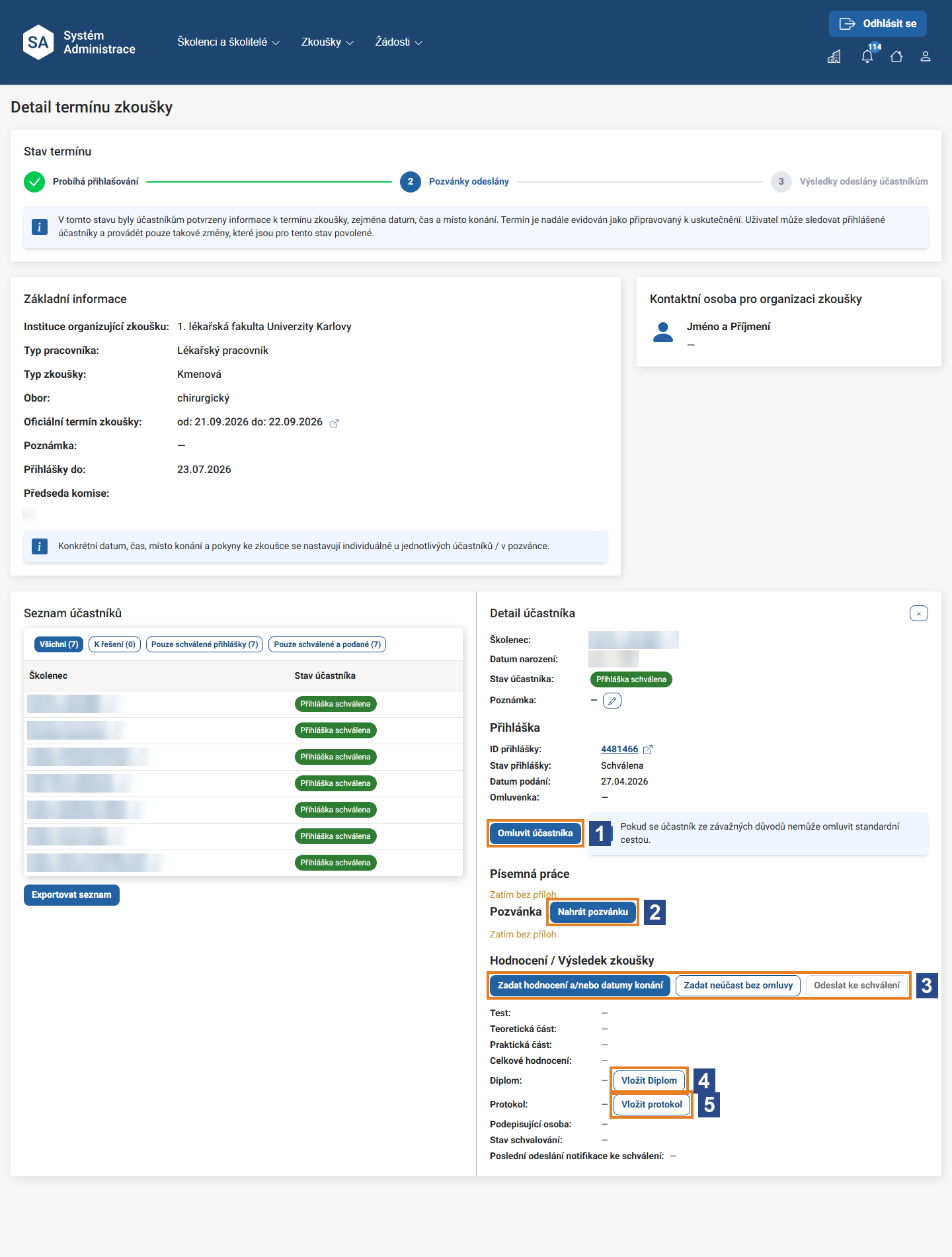 Akce v detailu účastníka ve stavu termínu Pozvánky odeslány